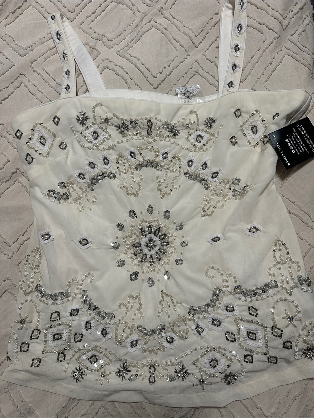 Boston Proper Ivory Beaded Embellished Square-Neck Camisole - Picture 3 of 4